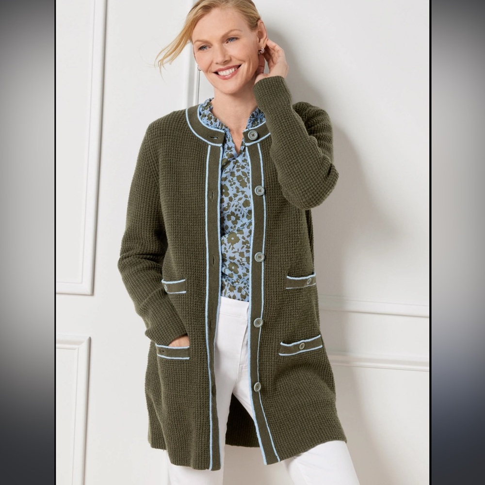 Talbots tipped textured cardigan sweater. Tuscan olive & blue sky. Size Mp NWT